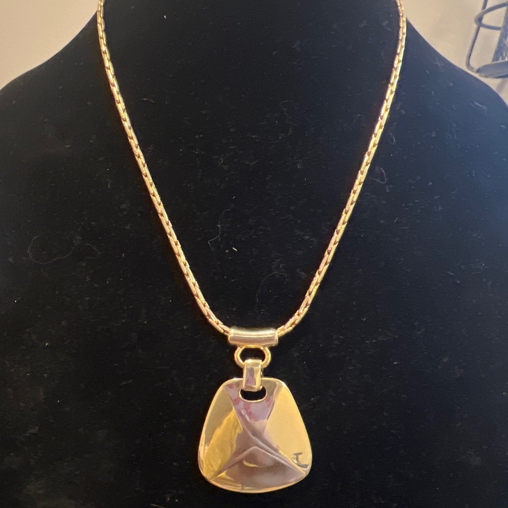 Vintage George Gold Tone Geometric Shield Pendant Necklace 16"